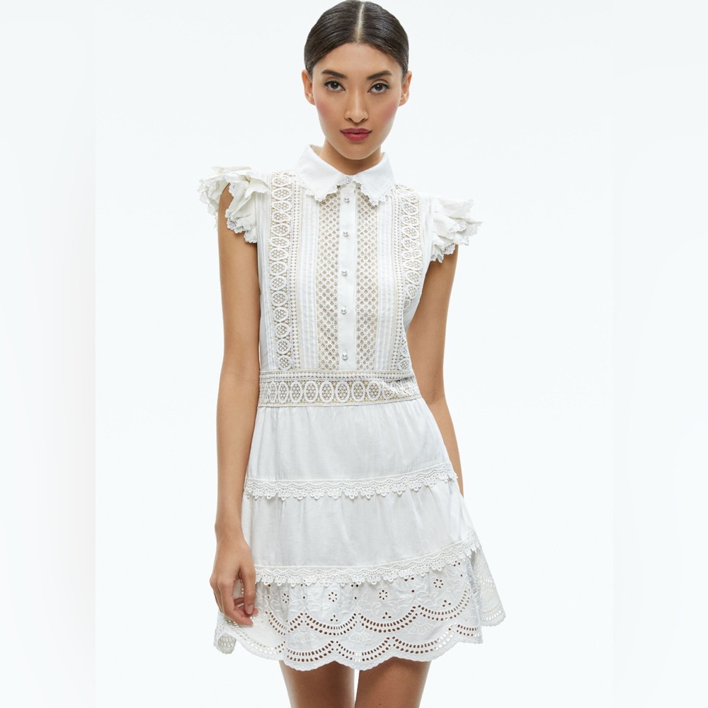 Alice + Olivia MEEKO EMBROIDERED RUFFLED SLEEVE SHIRT DRESS NWT WHITE SZ 10 - Picture 3 of 8